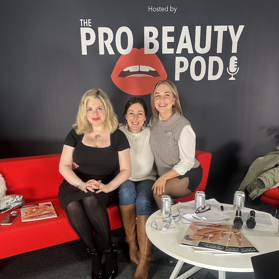 Hayley Snishko on the Pro Beauty Pod live stage at PB London with facialist Nathalie Eleni and Professional Beauty features editor Ellen Cummings