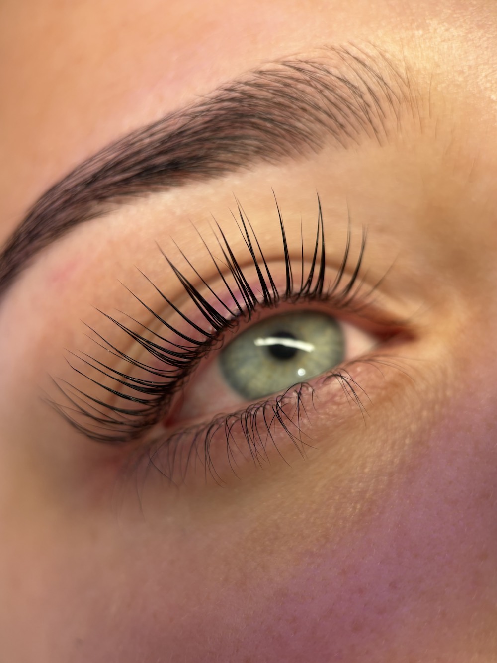 Close up of long black eyelashes curled through a successful lash lift