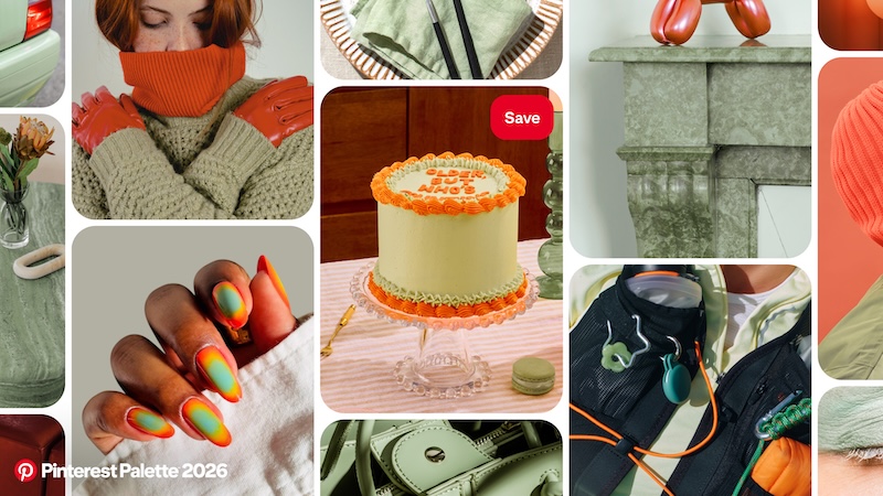 Persimmon-Jade sub-palette from Pinterest Palette 2026, combining warm orange-red and serene green shades for beauty, nails and salon design