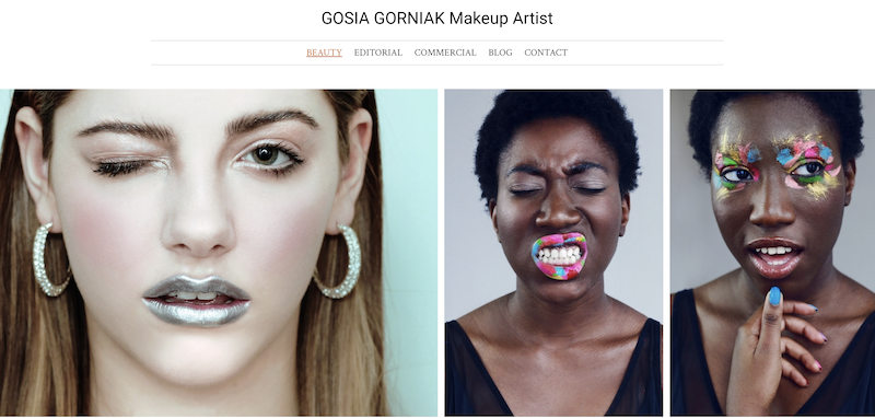 Screenshot of a professional makeup artist’s portfolio website showcasing work, services, and client testimonials