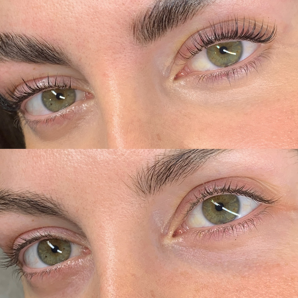 Close up image of Korean lash lift results. Top image shows after, with long, curled lashes, bottom image shows before with shorter lashes