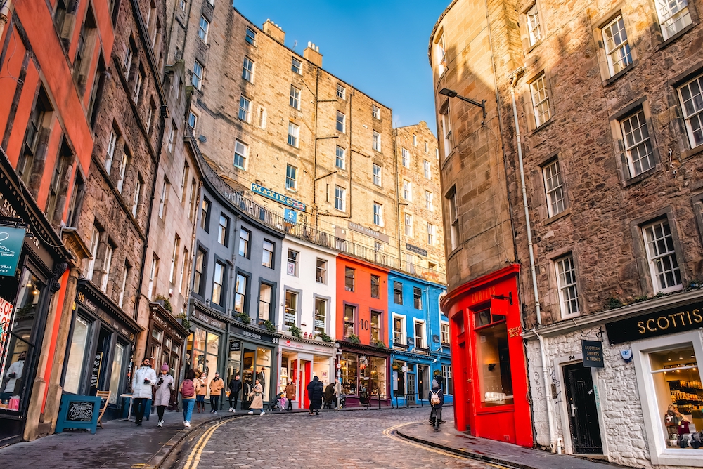 Edinburgh city, with colourful buildings on a street