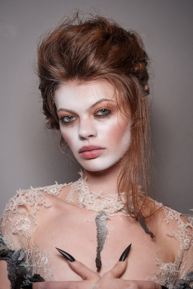 Model wearing Pierrot-style makeup at Dreaming Eli LFW 