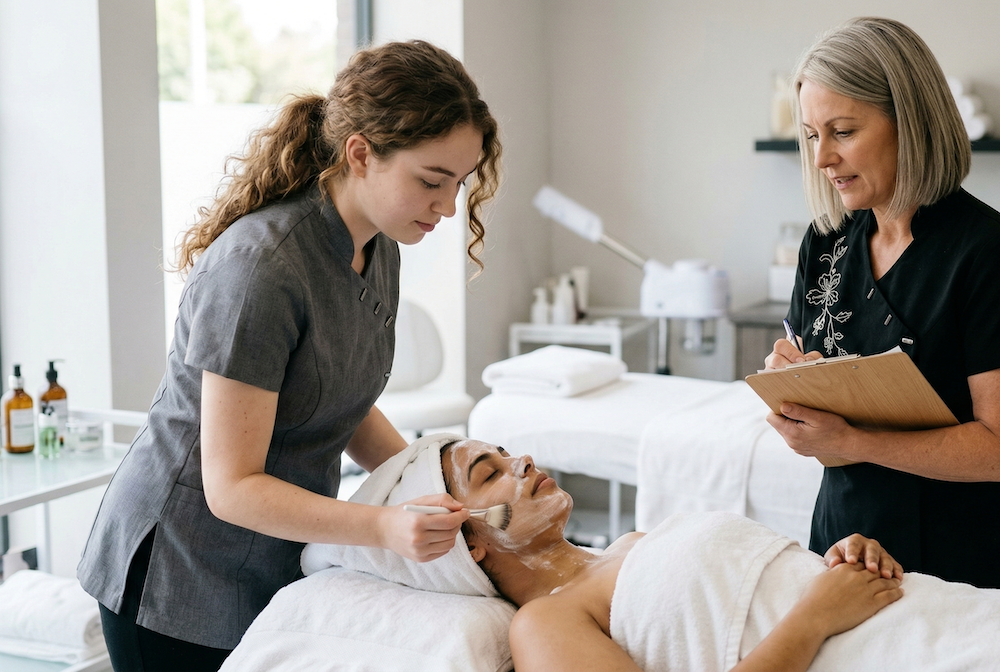 A young woman being assessed giving a facial in a beauty salon