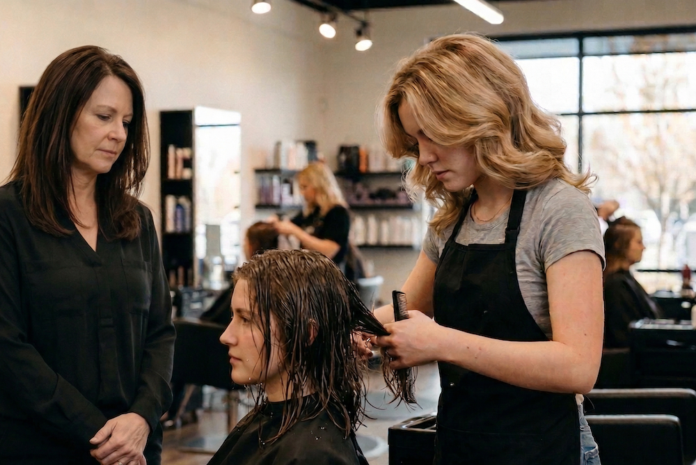 Hairdressing apprentice being observed while cutting hair