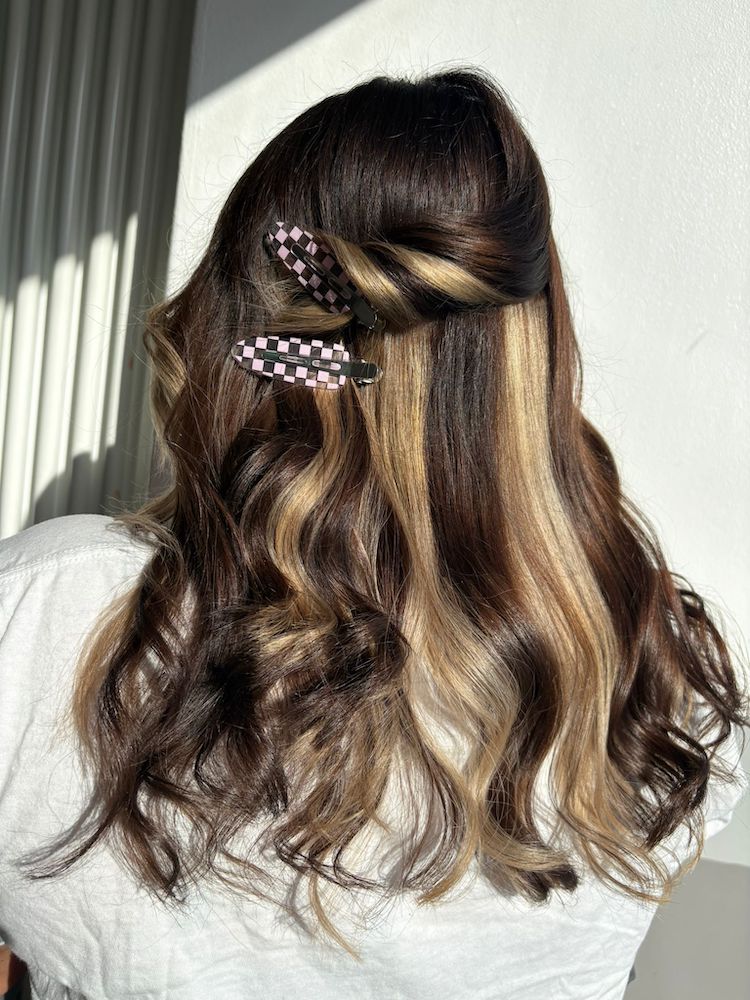 Dark brunette and blonde calico striped hair