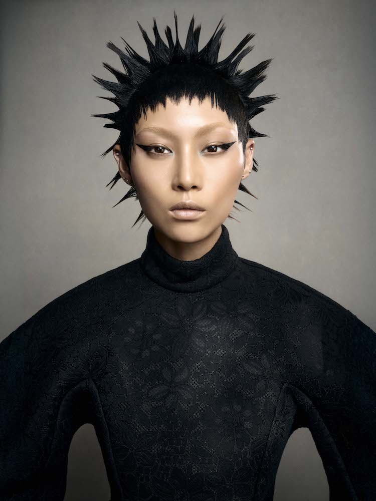 Short cropped black hairwith a choppy micro fringe styled into wet look spikes from Efi Davies' British Hairdresser of the Year 2025 nominee collection at the British Hairdressing Awards, sponsored by Schwarzkopf Professional.