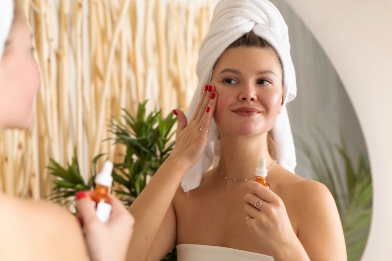 Woman applying serum formulated with green tea extract and vitamin C for antioxidant protection