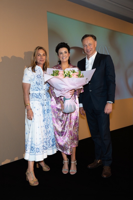 Therapist of the Year winner Jo Anne O'Neill of Lipstick and Lashes, Belfast, with IIAA founders Tracy Tamaris and David Alpert at the IIAA Salon of the Year Awards 2026.