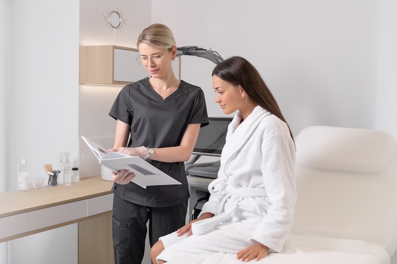 Therapist carrying out a skincare consultation with a client in a salon or skin clinic