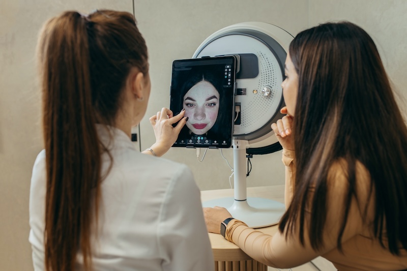 Client having an AI-powered skin analysis using a professional skin scanner