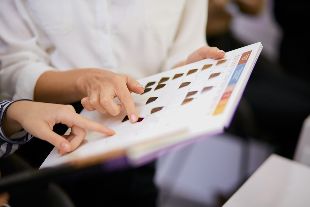 Hairdresser looking at colour chart with client in consultation