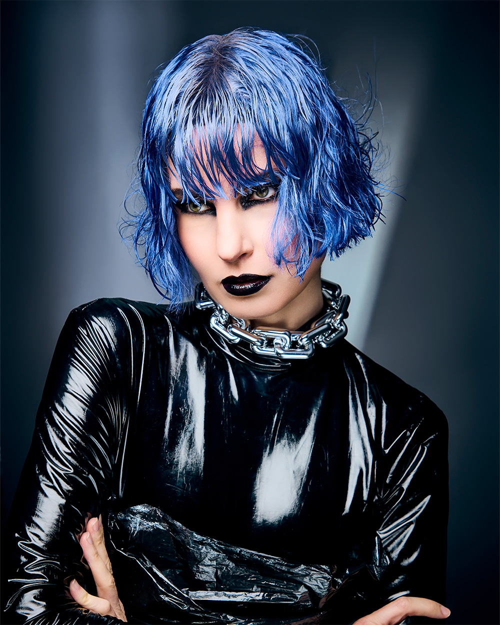 Bob with a wet, textured look, and a vibrant, bright blue color with a darker fringe from Fergal Doyle and Brandon Messinger