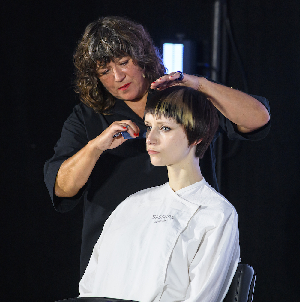  Danielle Harvey, Sassoon Assistant UK Creative Director, styling hair live on stage at Salon International